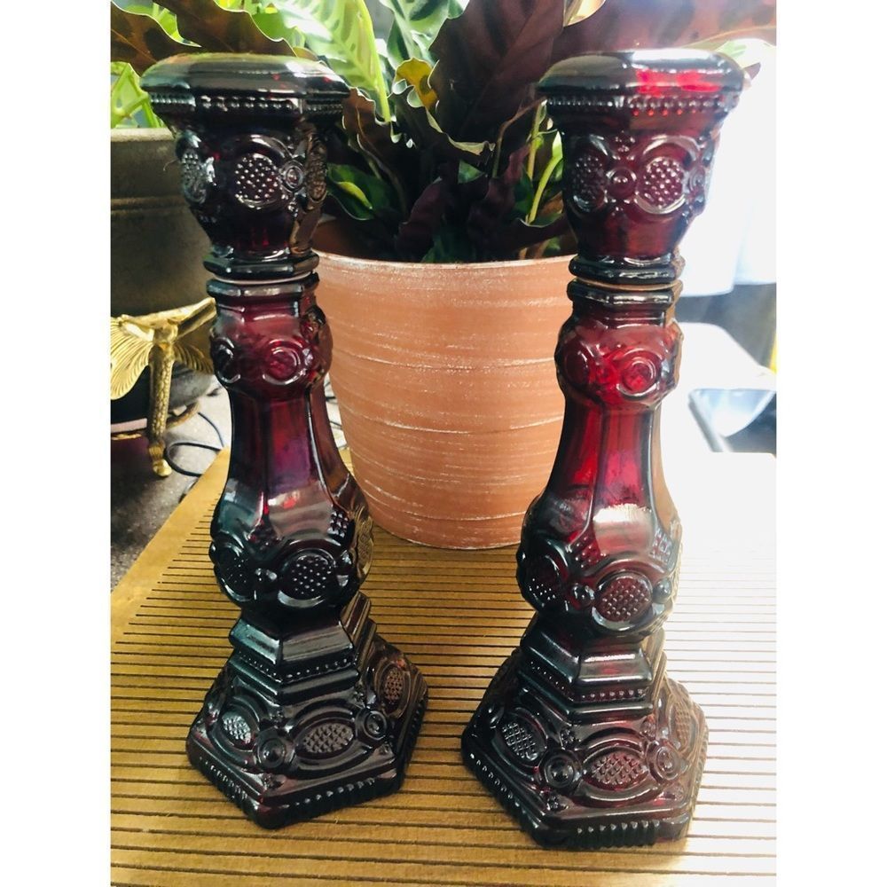Avon Pair of Deep Red Glass Candlesticks
